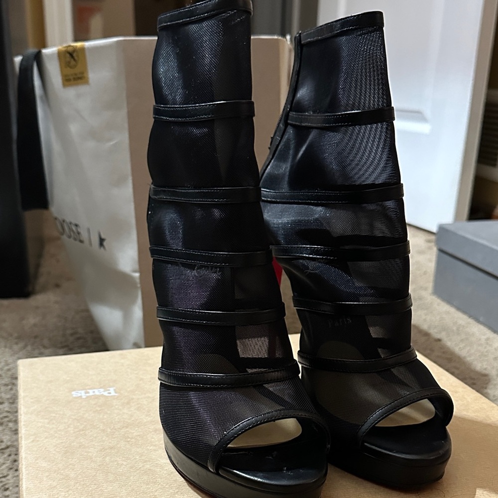 Christian Louboutin Black Mesh Strappy Peep Toe Bootie Heels